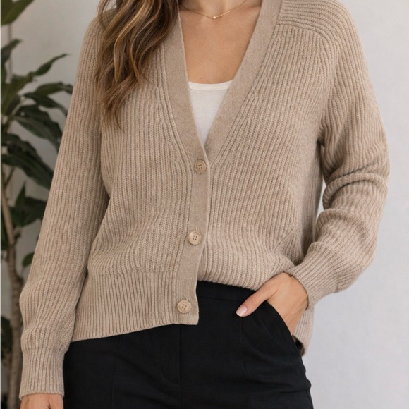 Amazon Essentials Ribbed V-Neck Button Cardigan - Beige - Picture 2 of 8
